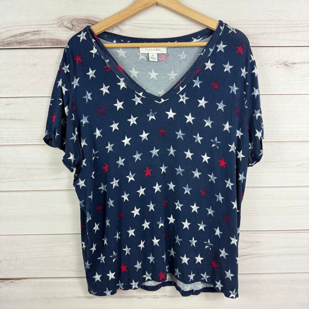 Madison Grey Women's Navy Blue Star Patriotic V Neck Short Sleeve Top‎ XL